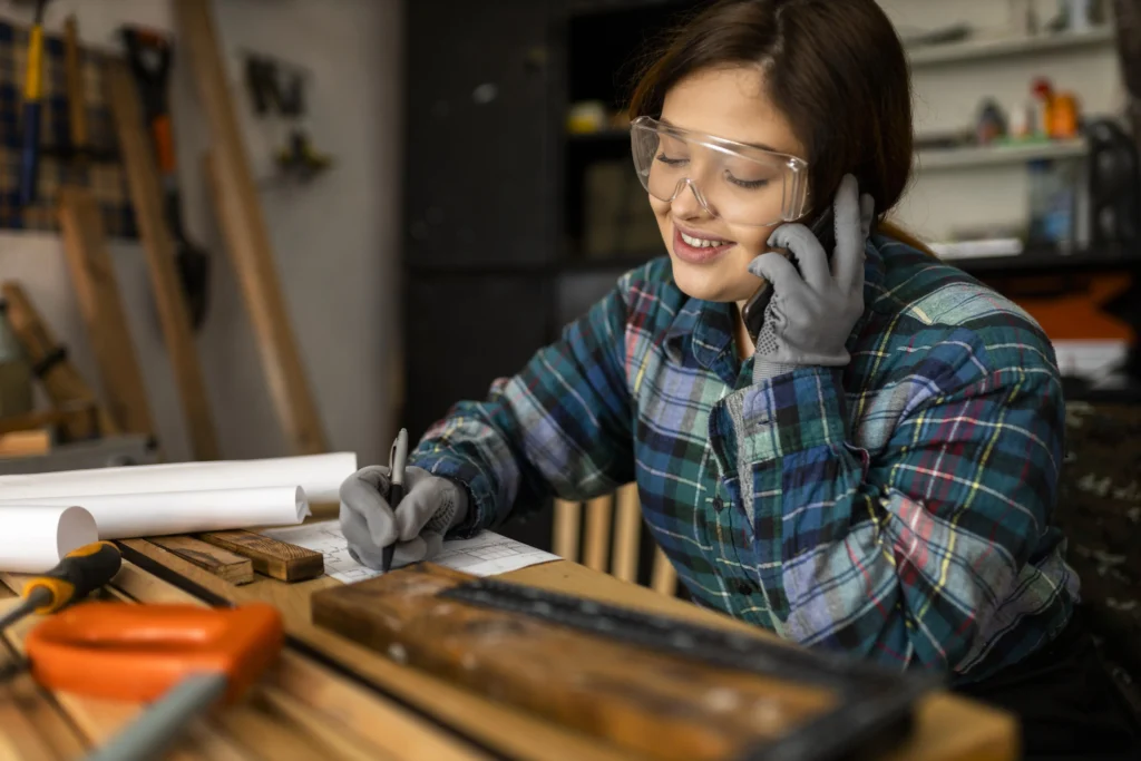 smiley femme en atelier parler au telephone